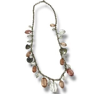American Eagle Distressed Silvertone Beaded Necklace Heart Charms 30"